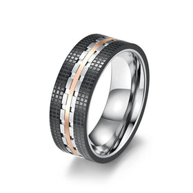 Mosaic Pattern Two-Color Black Rose Gold Stainless Steel Ring Custom Motorcycle Biker's Engagement Finger Mens Platinum Ring