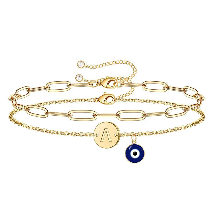 SC Original Design Double Layer Letter Devil Eye Bracelets Women Dainty 14K Gold Plated Ojo Disc Initial Bracelet for Teen Girls