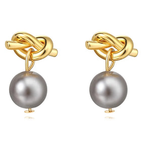 Premium Feeling Unique Brass Gold Plated Knotted Round Pearl Stud Earrings for Women Jewelry Customized