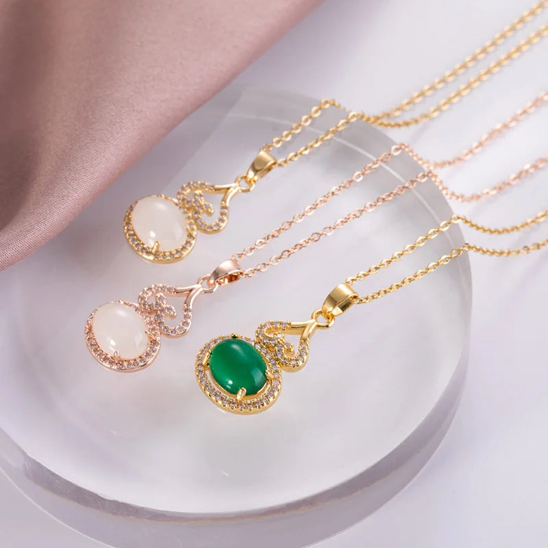 HOVANCI Turquoise Necklace Jewellery Simple Style Titanium Steel 18k Gold Plated Gourd Pendant Jade Necklace with Zircon