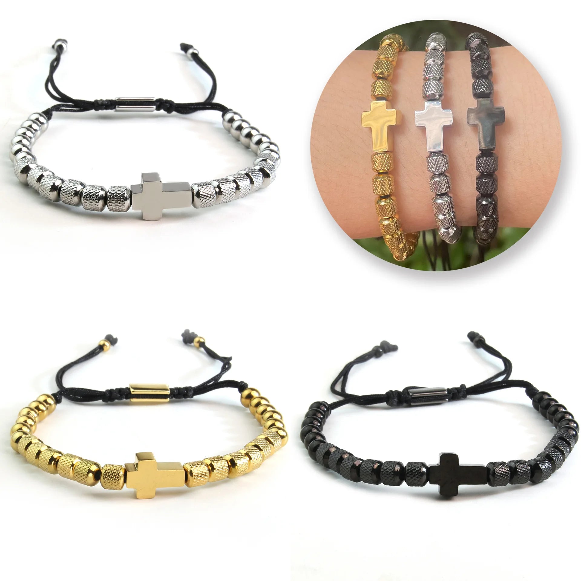 Wholesale 18K Gold Plated Round Stainless Steel Beaded Bracelets Adjustable Braided Rope Cross Bracelet for Men