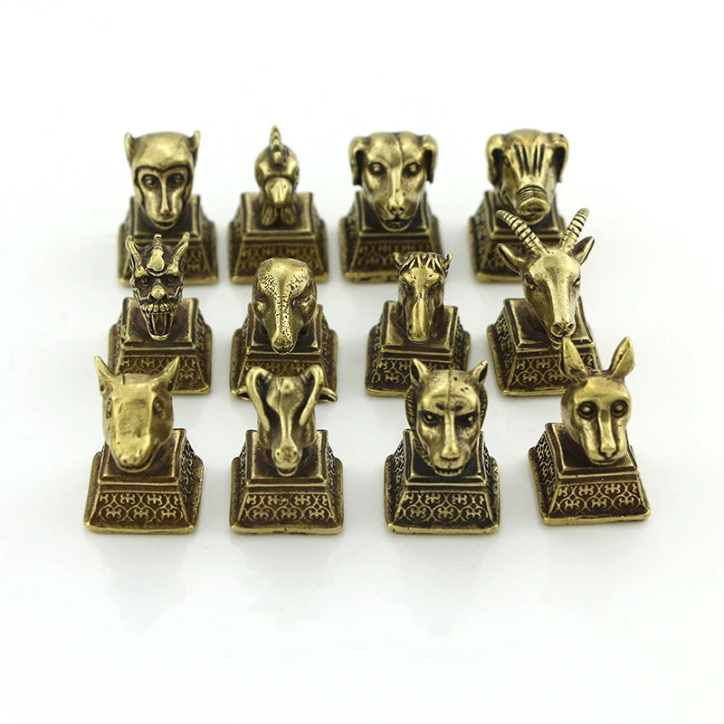 Hot Sale CA549 a Set of 12 Antique Twelve Zodiac Brass Seals Imitated Pure Copper square Seal Crafts