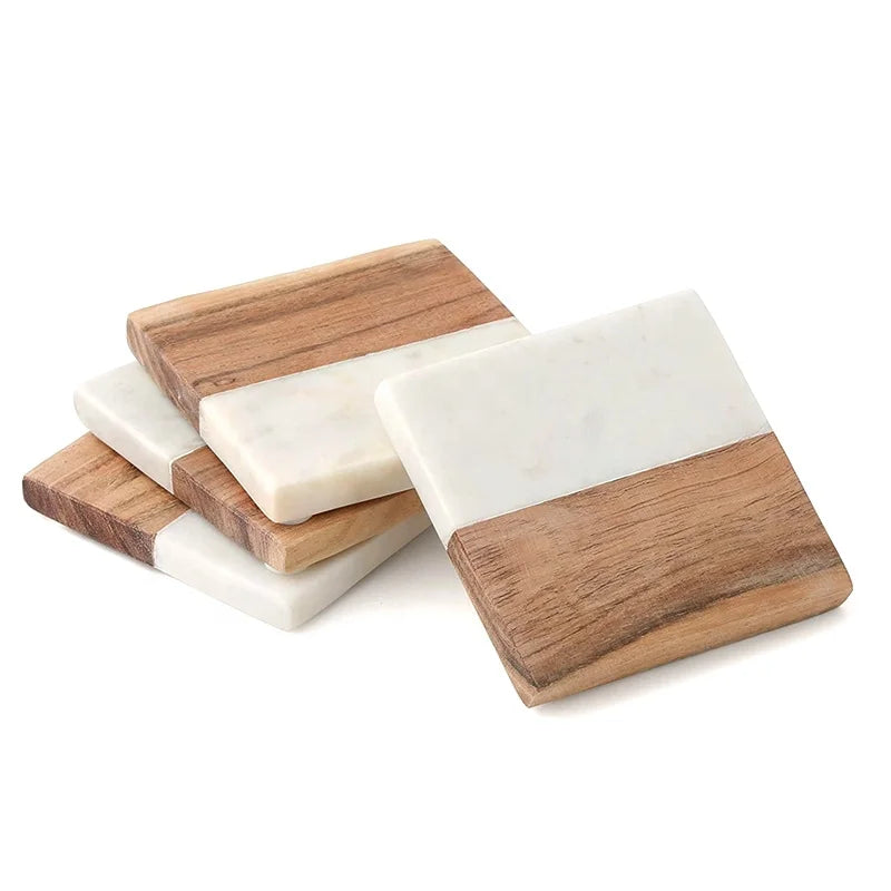 Creative Square Acacia Wood and Marble Coasters for Tea Coffee Drinks Marble Wood Coaster Set for Bar Home
