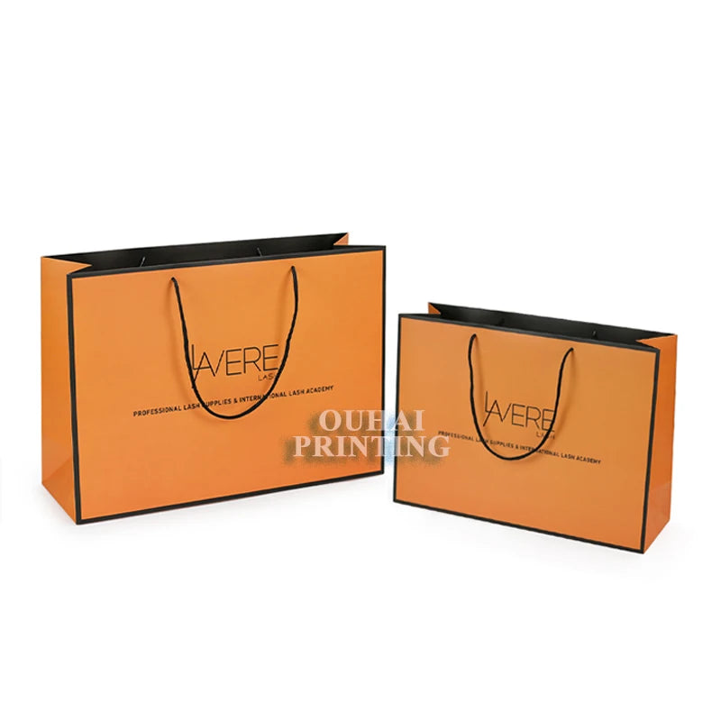 Eco Friendly Packaging Custom Logo Printed Orange Personalized Luxury Shopping Tote Gift Premium Paper Bags with Cotton Handle