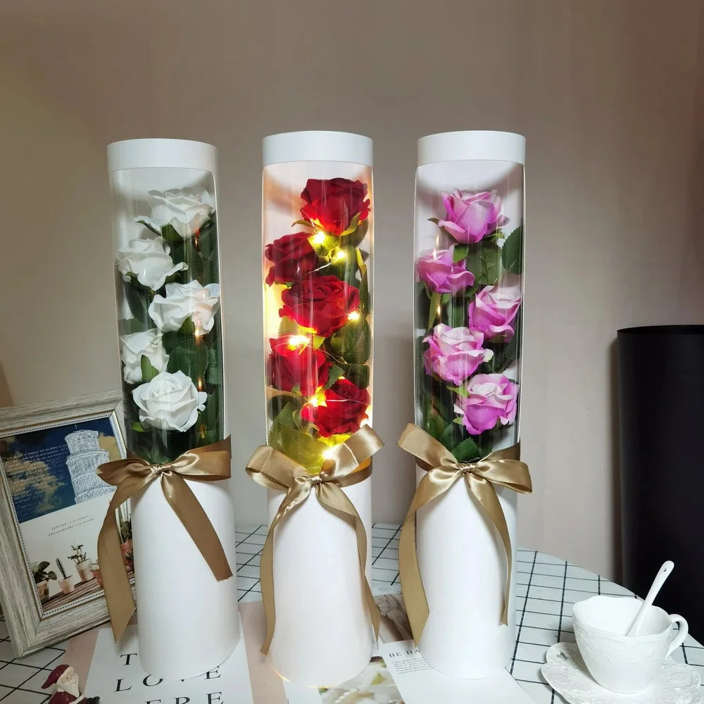 New Style Velvet  Flower Holding Bucket Bouquet Round Long Paper Tube Immortal Flower Box Qixi Graduation Gift