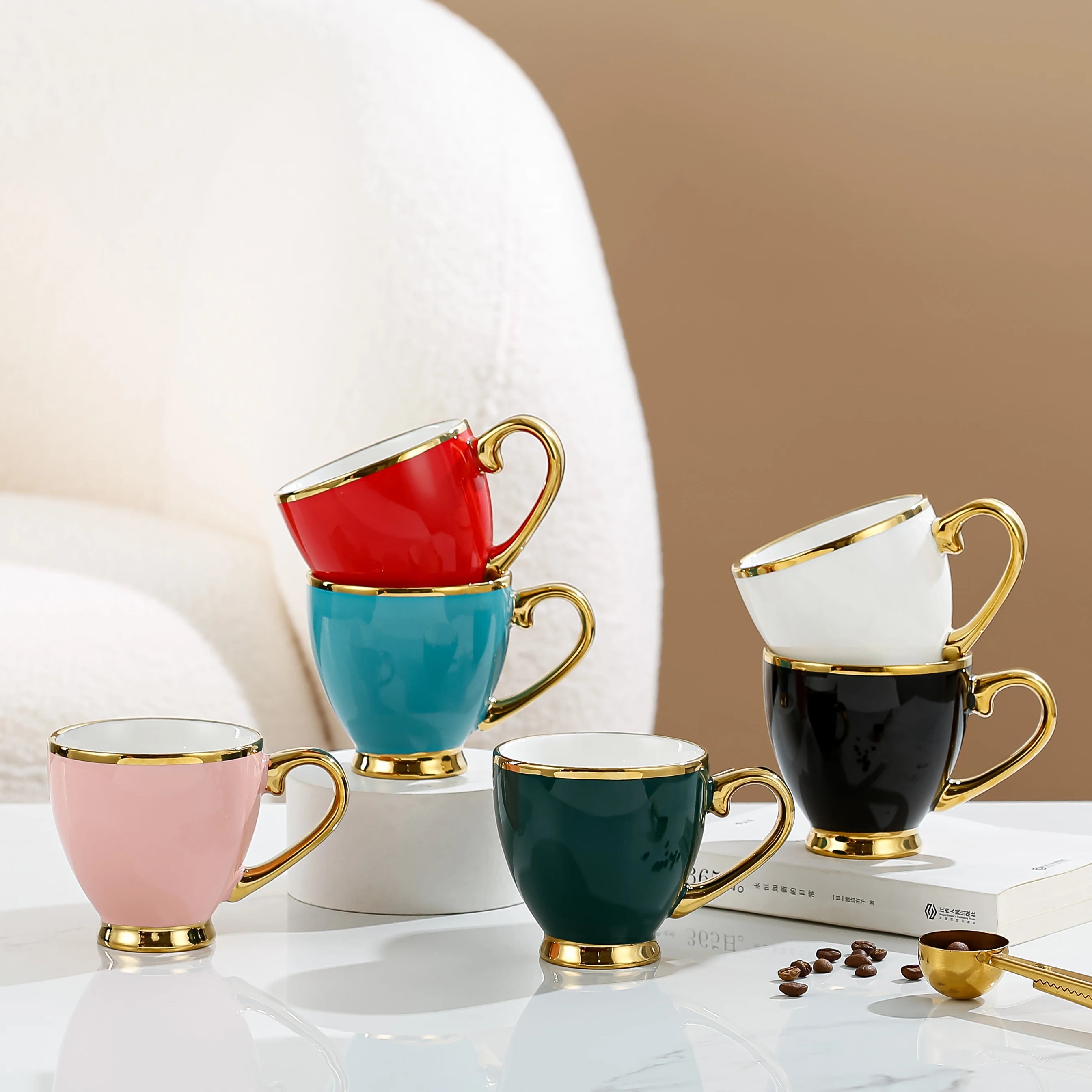 Custom Ceramic Turkish Cup With Saucer Set Colored Glaze Luxury Gold Rim Porcelain Espresso Cappuccino Coffee Milk Tea Cup