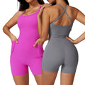 Ladies' Casual Solid Yogasuit Elegant Fitness Jumpsuit with Adjustable Yoke Cross Back Shorts Pocket-Sporty Bodysuit for Women