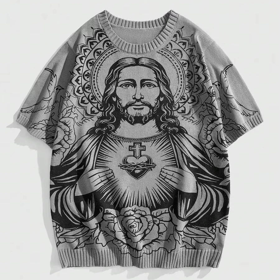 Custom Design Logo Summer  Knitted Sweater Pullover Short Sleeve Men's V-Neck Jesus Print Retro Casual Knit Sweater