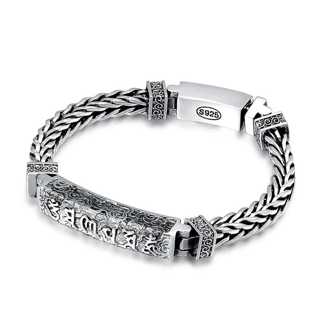 Vintage Sterling Silver Hand-woven Twist Bracelet for Men 925 Sterling Silver Tibetan Six Words Mantra Amulet Bracelet Flowers