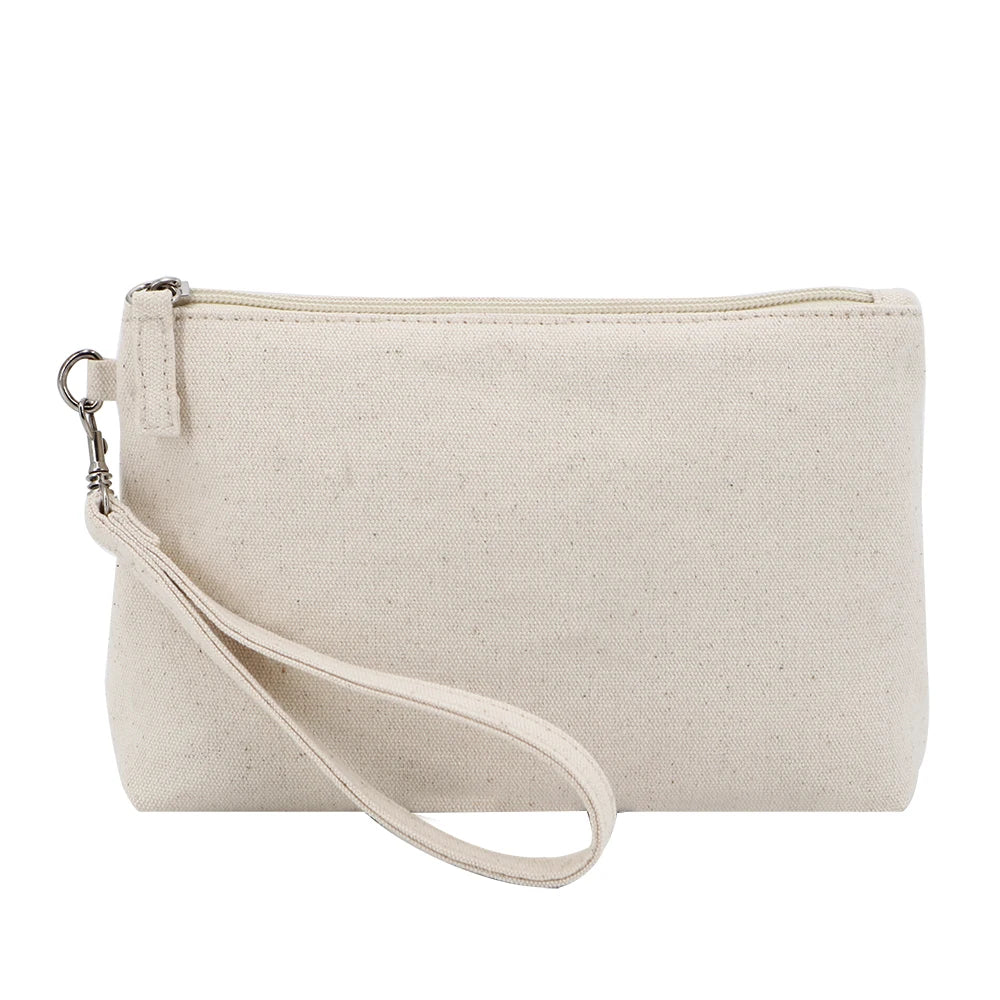 Travel Portable Calico Cotton Canvas Cosmetic Toiletry Bag with Printed Logo Custom Natural Removable Wrist Strap Zipper Pouch
