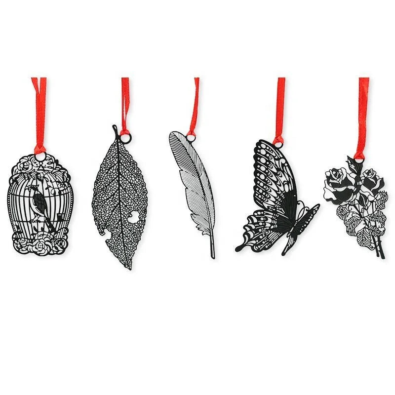 Shenzhen Factory Stargood Black Stainless Steel Leaf Butterfly Flower Shape Bookmark with Ribbon UV Printed for Promotion Gifts