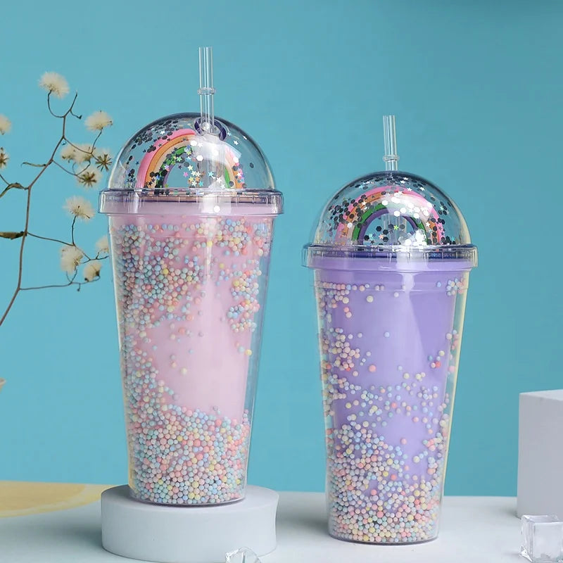 Rainbow Bubble Straw Cups With Logo Large-Capacity Juice Creative Double-Layer Plastic Cup Suppliers