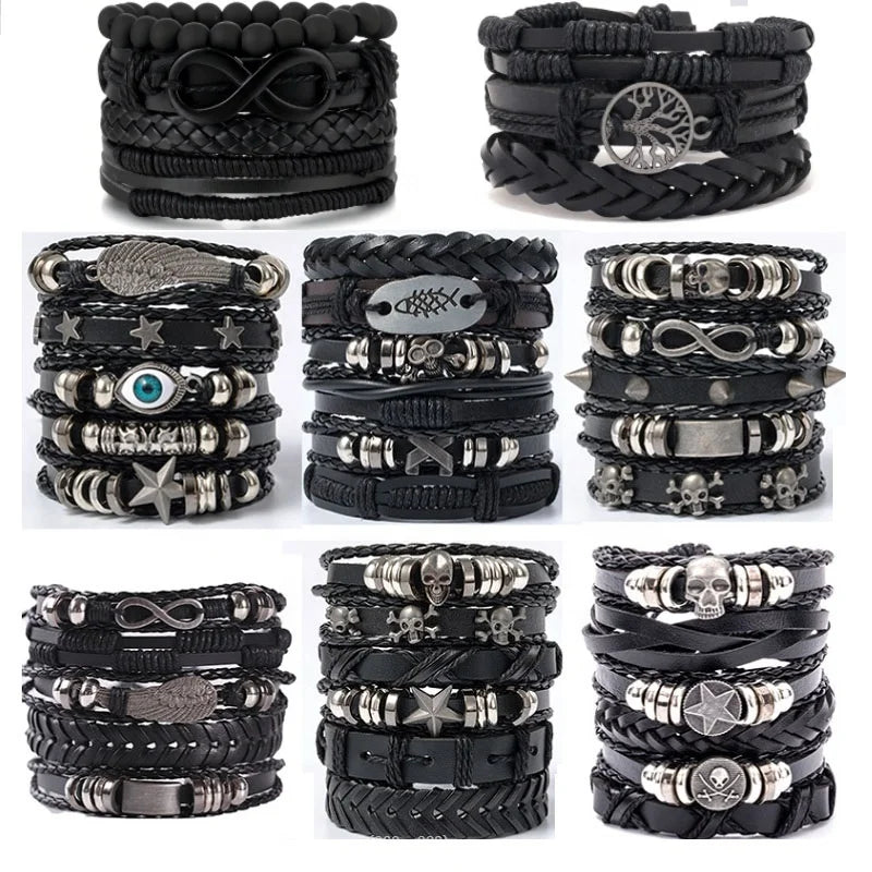 Punk Multilayer Antique Leather Bracelet Set Skull Star Spike Charm Hiphop Rock Y2K Vintage Pu Gothic Wristband Men Goth Jewelry