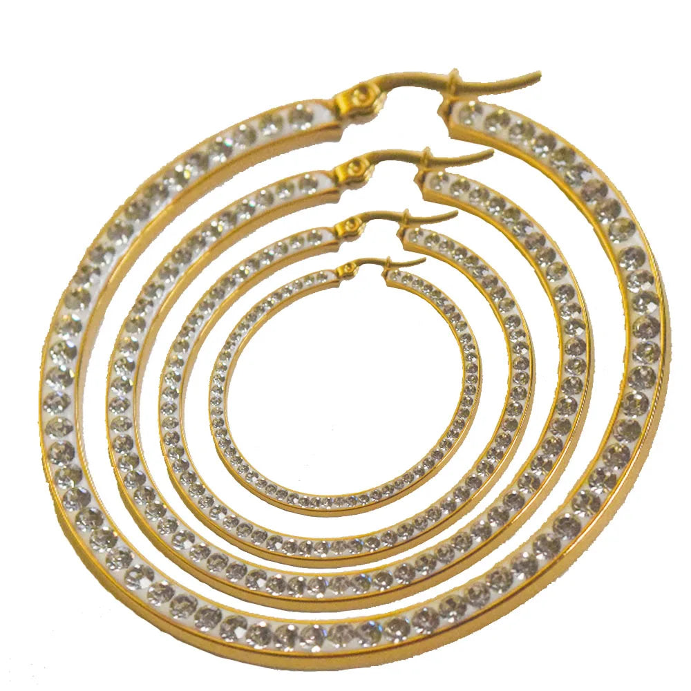 Waterproof Titanium Stainless Steel 18k Gold Plated Big Circle Hoop Diamond Zircon Beads Bezel Paving Loops Earring Jewelry