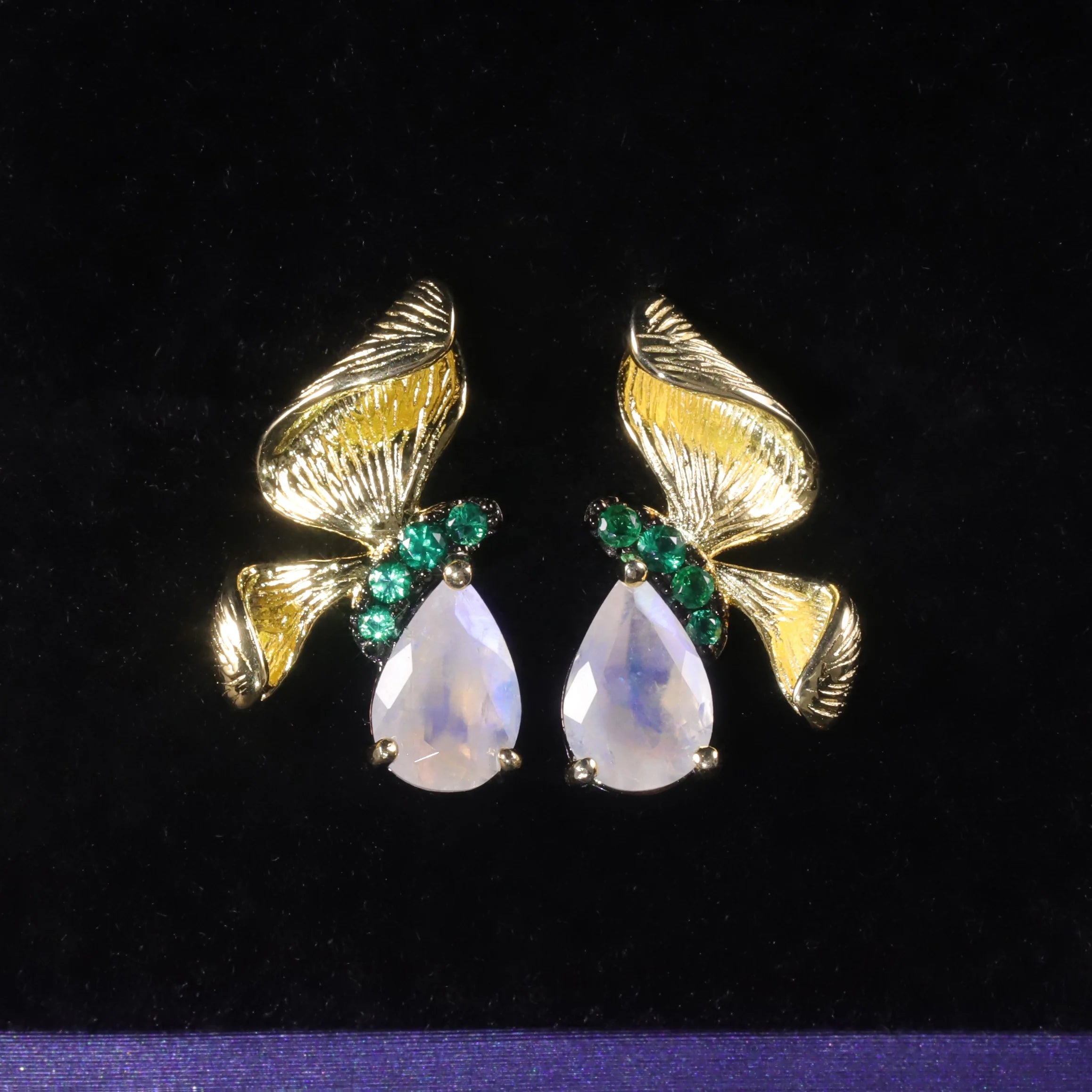 C7758 Abiding Cute Insect Gold Plated Butterfly Nano Emerald Pear Cut Moonstone Solid 925 Silver Stud Earrings