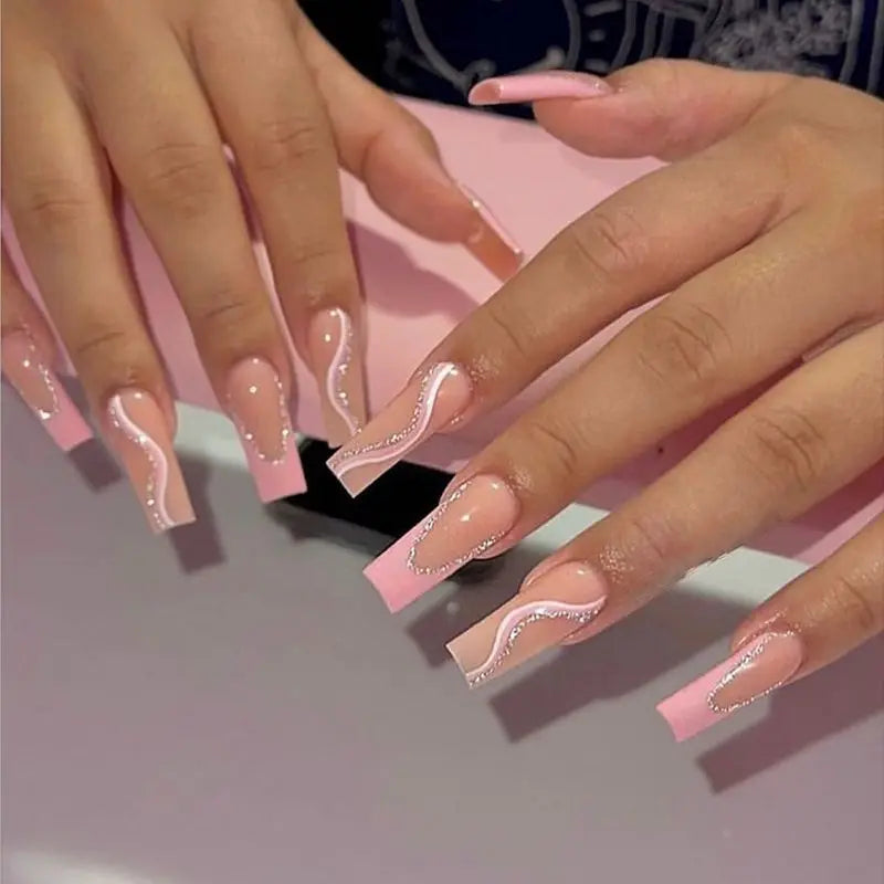Long square pink Silver Glitter Nails Cheap Soft Gel Nail Tip Press on French False Press on Nails