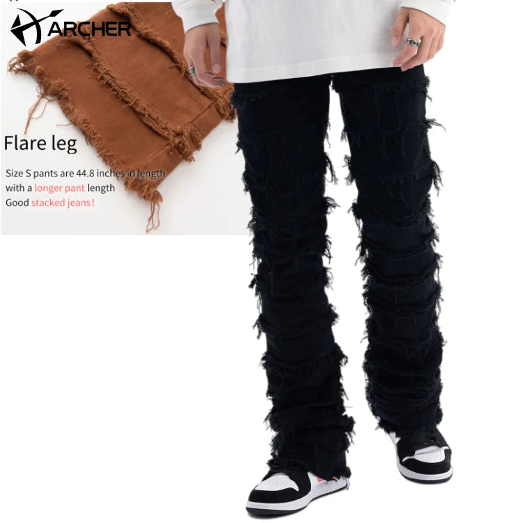 2023 Streetwear Black Men Stacked Flare Skinny Jeans Custom Fashion Flare Distressed Denim Jeans Men Flare Men Stacked Jeans