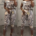 Leopard Print Fashion 2 Piece Set Women Slash Neck Backless Top+Skinny Peach Hip Crop Pants