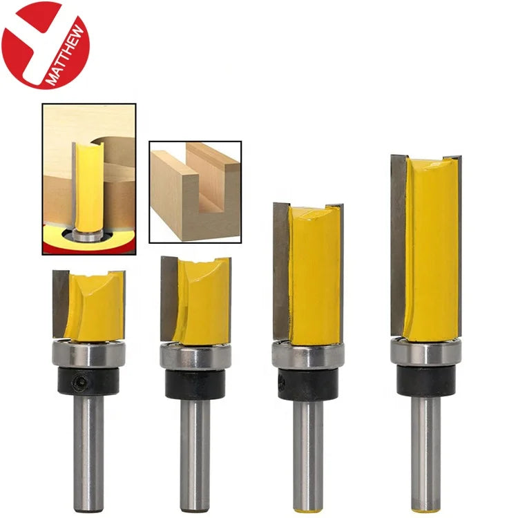 8mm Round Shank Pattern Bit Double Flute One Attached Bearing 3/4" Width 20mm 25mm 38mm 50.8mm Length Carbide Blade Alloy Handle