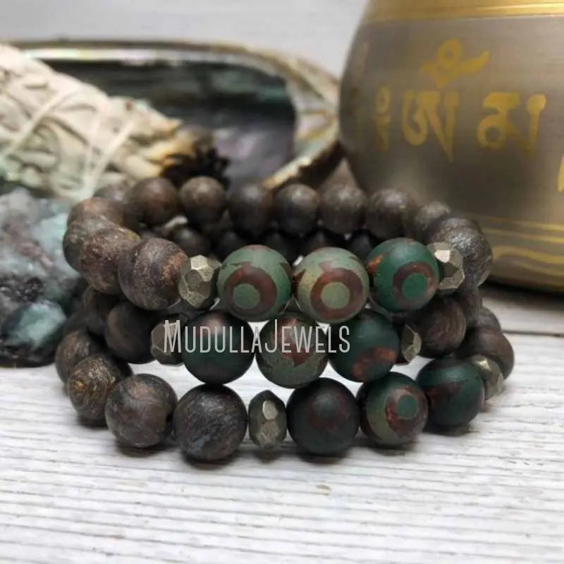 WMB31452 Matte Bronzite Dzi Agate Pyrite African Turquoise Natural Gemstone Wrist Mala Spiritual Healing Prayer Bracelet