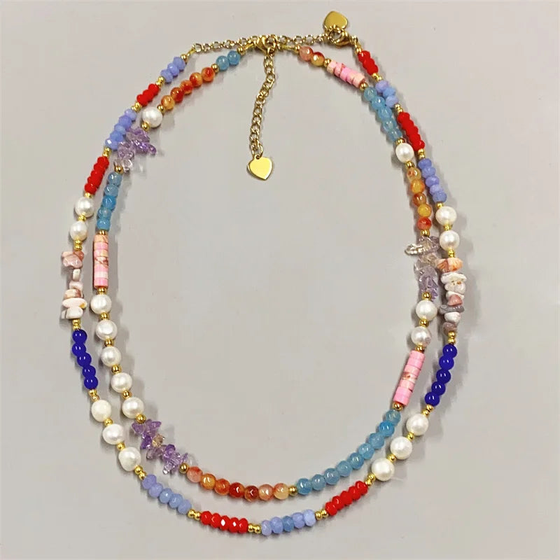 Stainless Steel Colorful Bead Necklace Natural Gemstone with Freshwater Pearl Necklace