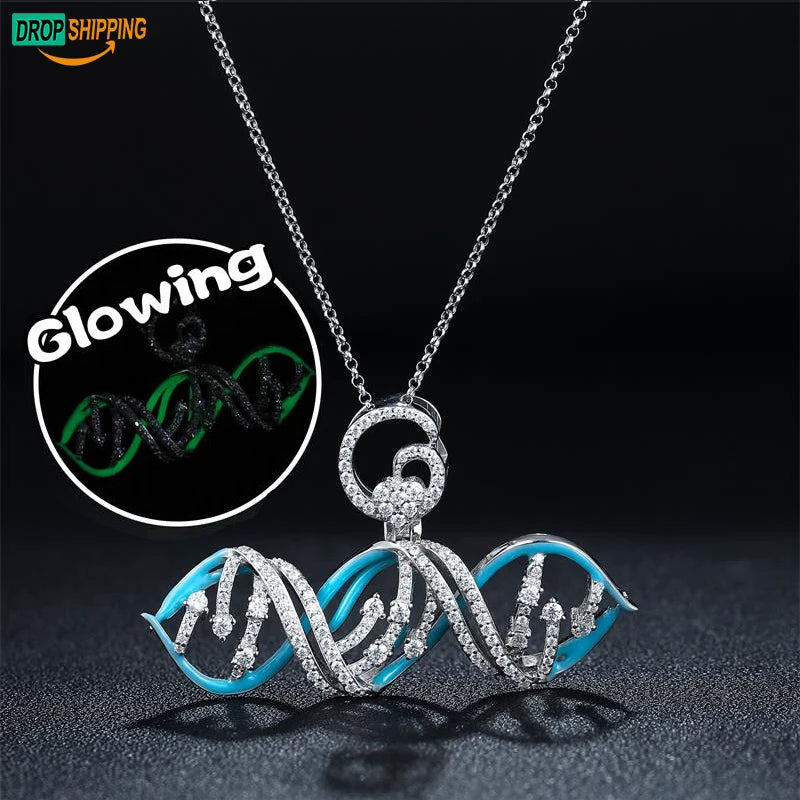 Dropshipping Glow in the Dark 925 Sterling Silver VVS Moissanite Diamond Iced Out DNA Model Nucleic Acid Pendant