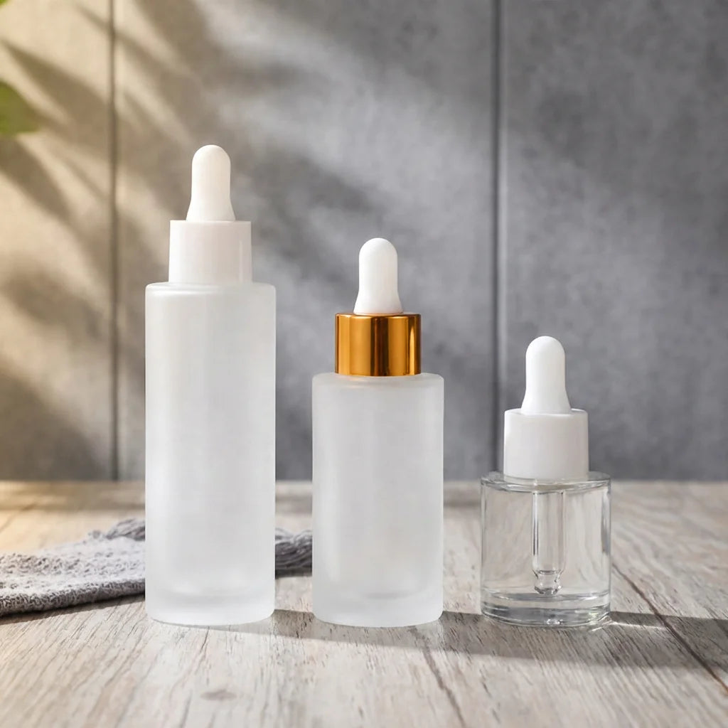 Slim Round Shape Frosted Glass Dropper Bottle 20ml to 100ml Sizes with Wide Dropper for Face Cream and Skin Care Cream