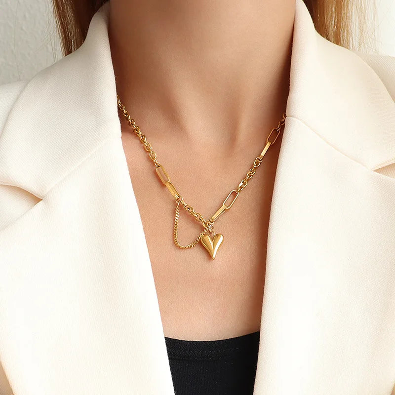 New Fashion Gold Plating Stainless Steel Chain Heart Charm Pendant Chokers Necklace and Bracelet Set for Women