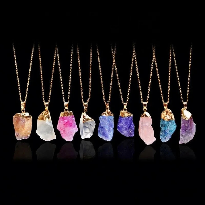 1PC Blue Crystal Necklace Natural Rough Gem Stone Pendant Quartz Crystal Point Healing Stone Long Chain Home Decor