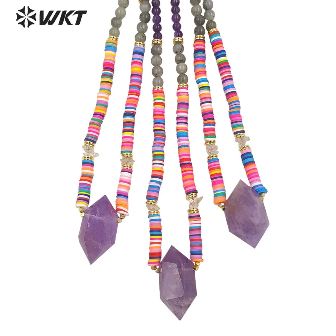 WT-N1375 Bohemia Style Necklace Natural Amethyst Pendant Colorful Spacer Chain Labradorite Bead Chain Natural Crystal Necklace