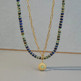 African Turquoise Lapis Lazuli Jewelry Necklace Handmade Natural Stone Beads Chocker Sun Shape Stainless Steel Pendant Necklace