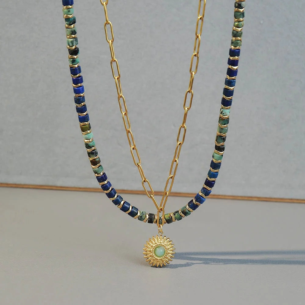 African Turquoise Lapis Lazuli Jewelry Necklace Handmade Natural Stone Beads Chocker Sun Shape Stainless Steel Pendant Necklace