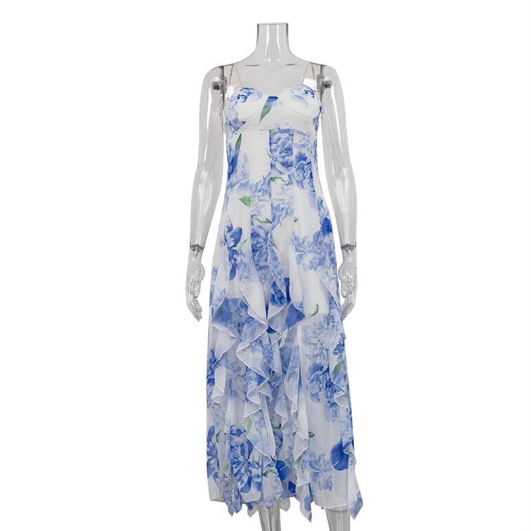 Party Vacation Chiffon Spaghetti Strap Backless Ruffle Fairy Dress Maxi Long Floral Women Summer Dresses Vestidos Para Mujer