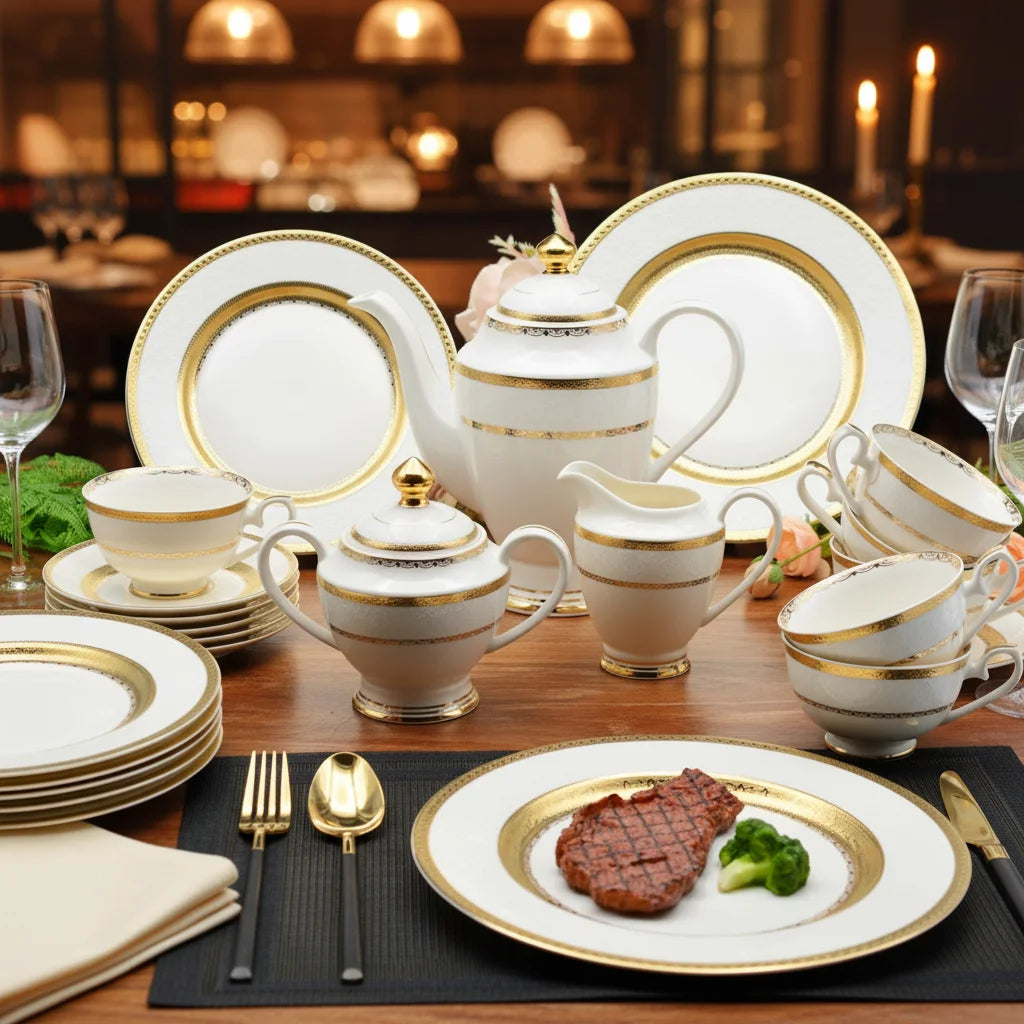 24pcs Golden Embossed Gold Decorative Bone China Porcelain coffee Tea Cup Teapot Sugar Milk Pot Saucers Set for afternoon tea