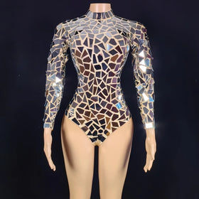 Fashion Long Sleeve Bling Glitter Stripper Outfits Exotic Dancewear Club Leotard Showgirl Jumpsuits Women Sexy Sequin Bodysuits