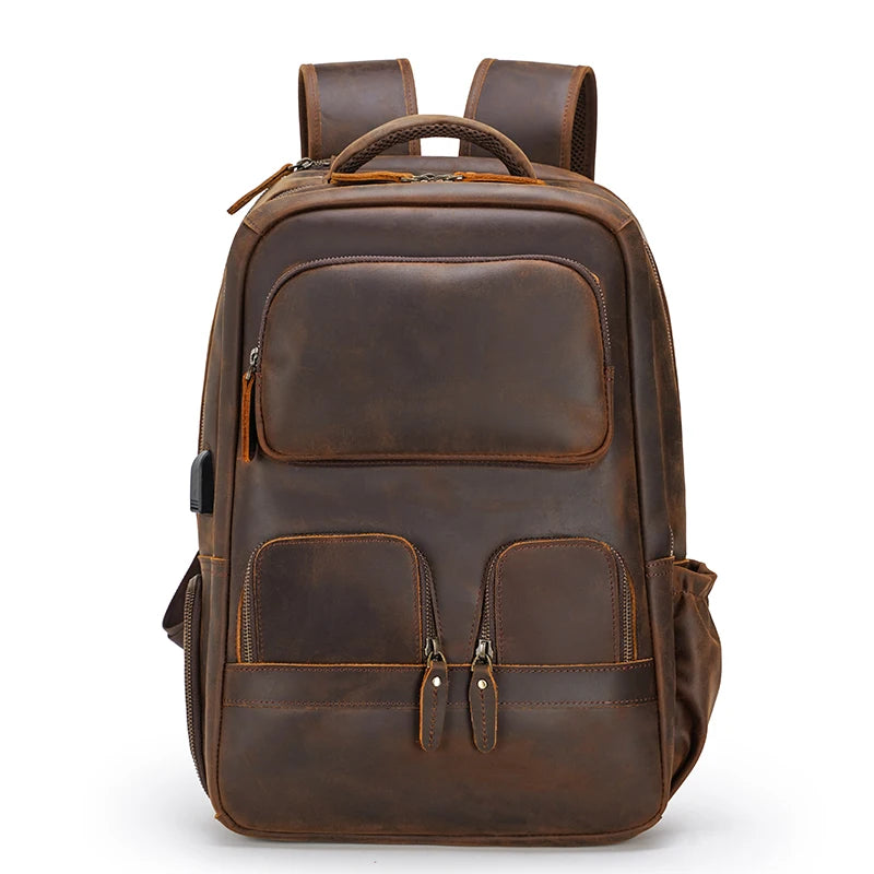 Tiding Hot Vintage 100% Pure Cowhide Laptop Bag With USB Charging Port Men 16.5 Inches Full Grain Genuine Cow Leather Backpack