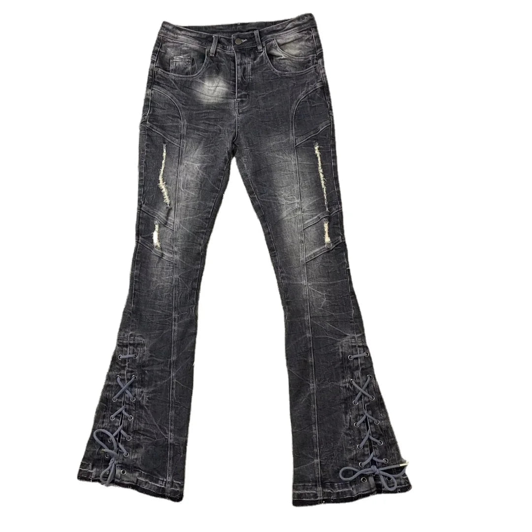DENIMGUYS Y2k Vintage Distressed Washed Flared Jeans Men  European America Street Denim Ripped Denim Bootcut Pants