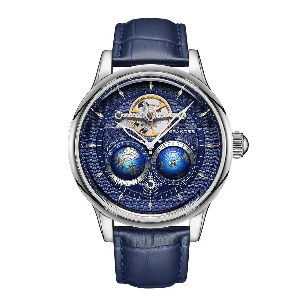 SEAKOSS 1963 Men's Mechanical Watch 3D Double Earth Rotating Automatic Movement 5Bar Waterproof Leather Flywheel Wristwatches