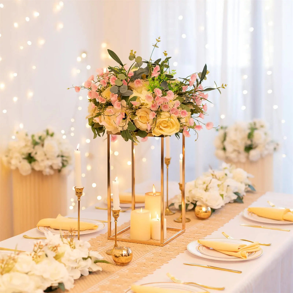 Gold Metal Tall Column Metallic Party Stand Tables Flower Holder Home Party Wedding Decorations Rectangular Flower Display Rack