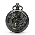 BOSHIYA Antique Chinese Dragon Style Polished Black Half Hunter Mechanical Pocket Watch with Luminous Dial No Waterproof