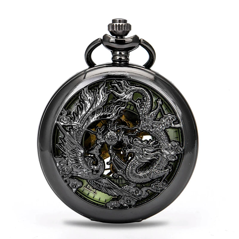 BOSHIYA Antique Chinese Dragon Style Polished Black Half Hunter Mechanical Pocket Watch with Luminous Dial No Waterproof