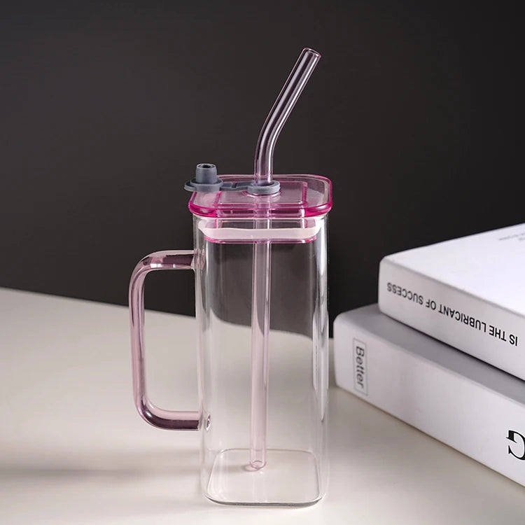 Top Selling 400ml Square Shape Coffee Glass Mug Cup with Lid and Straw