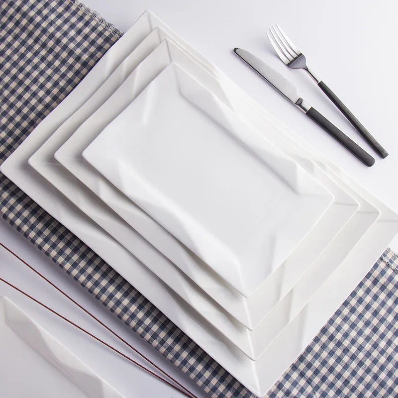 Hotel Ceramic White square Flat Plates Custom Design Porcelain Rectangular Plates for Restaurants