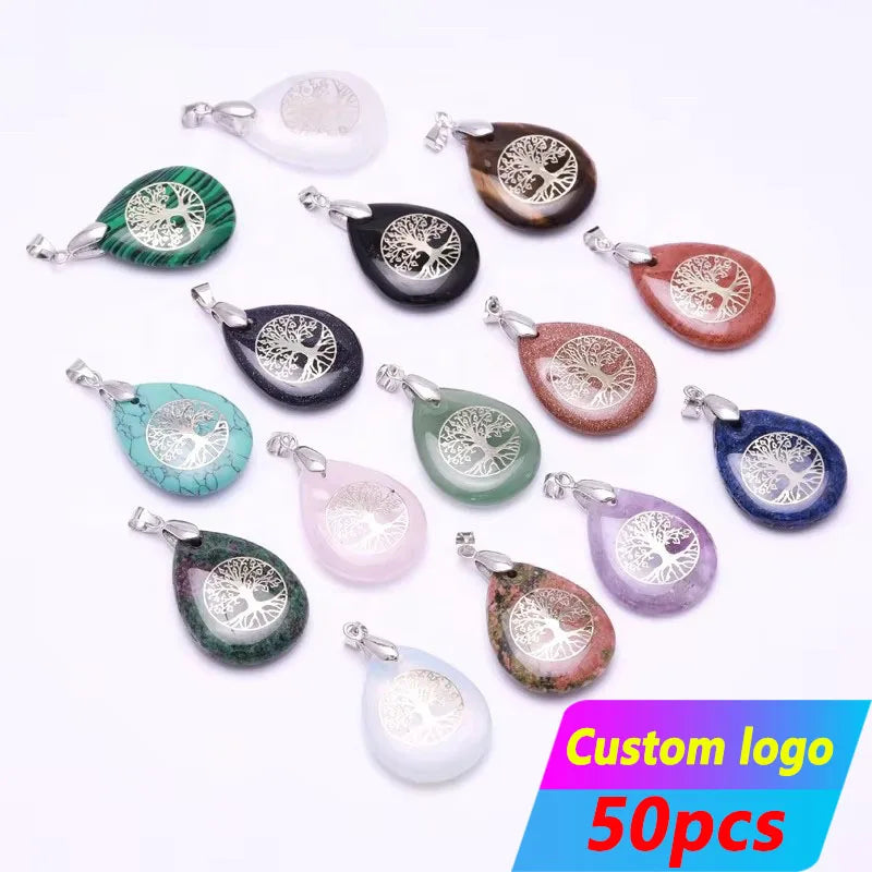 Hot Sale Healing Natural High Quality Mini Drop Shape Gemstone Stone Necklace Charm Can Customize Tree of Life Crystal Pendant