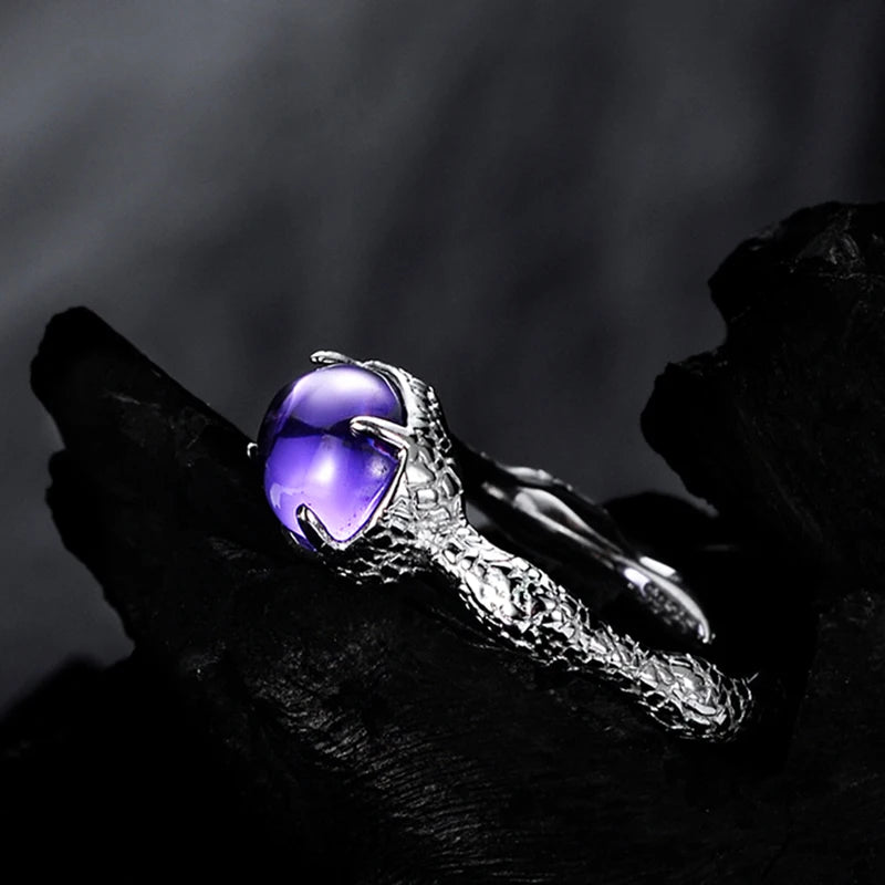ICEBELA Fashion Jewelry 925 Sterling Silver Niche Chic Sweet Cool Fresh Simple Inset Purple Gemstone Opening Crack Texture Ring