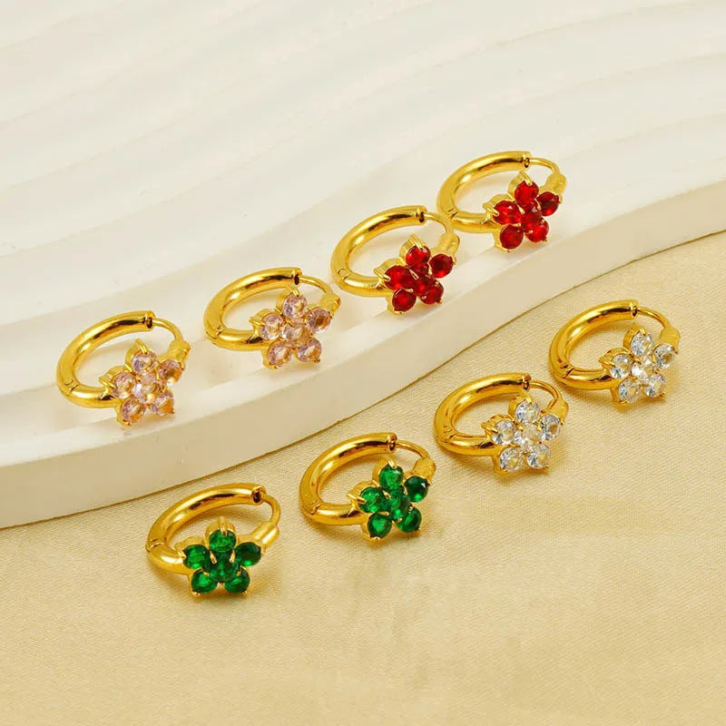 Luxury Dainty Designer 18K Gold Plated Stainless Steel Cubic Zirconia Snowflake Flower Hoop Earrings for Women Jewelry Gift