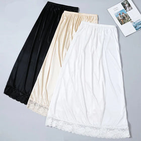 85cm Length Women Underskirt with Lace Trim for Dress Ladies Thin Silk Long Petticoat