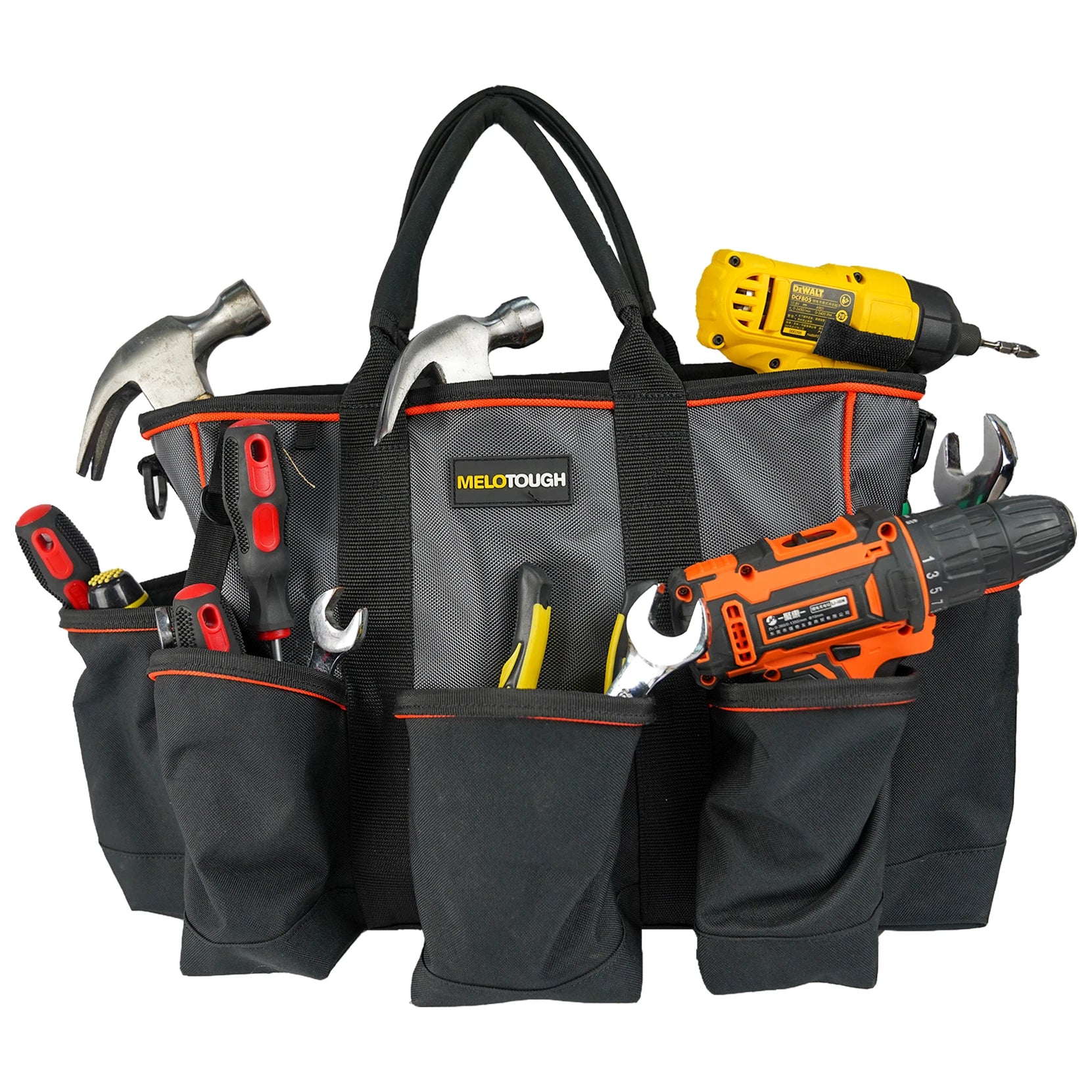 MELOTOUGH 18 Inch Electrician Tool Bag with Shoulder Strap Water Resistant Multi-Compartment Pocket Wide Mouth Storage Tool Bag