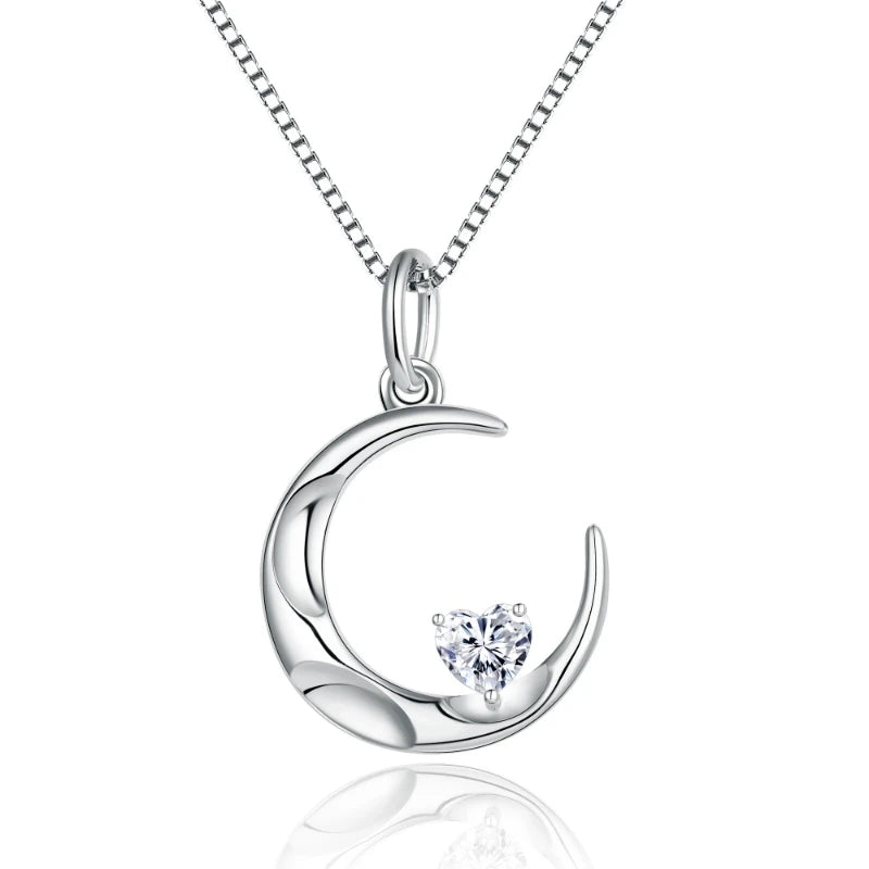 Custom Handmade Women's Rhodium Plated Designer Cute Zircon Themed Gemstone Sterling Silver 925 Moon Heart Pendants Necklace