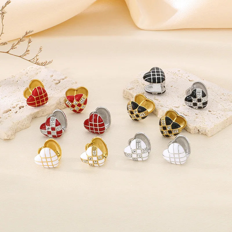 Fashion Design High-end Checkerboard Heart Earrings for Women High-end Temperament Diamond-studded Titanium Steel Earrings